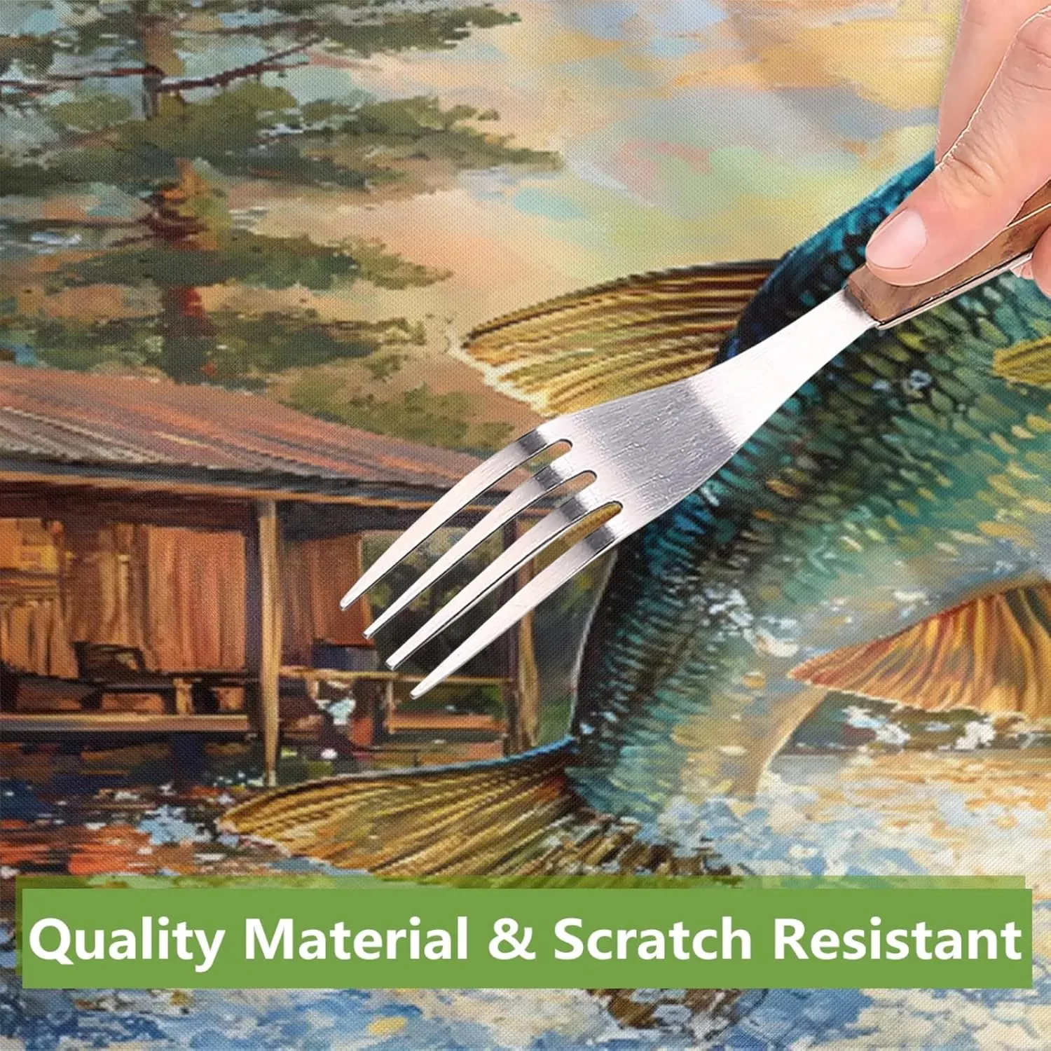 Fish Jumping Out of Lake Picnic Table Cover with Bench Covers, Fitted Camping Tablecloth with Elastic Edges, 3 Pcs Set Outdoor Waterproof Rectangle Table Cloth