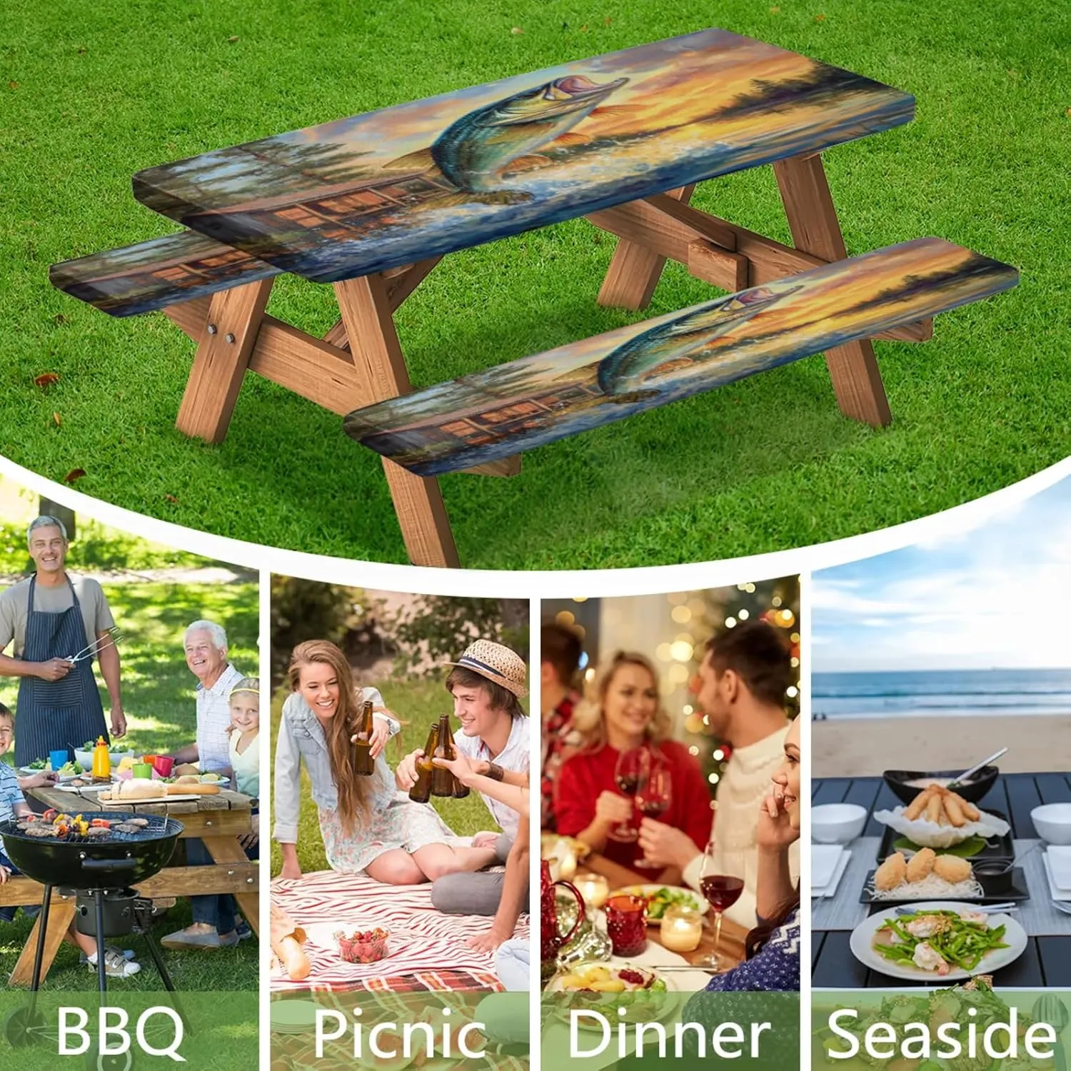 Fish Jumping Out of Lake Picnic Table Cover with Bench Covers, Fitted Camping Tablecloth with Elastic Edges, 3 Pcs Set Outdoor Waterproof Rectangle Table Cloth