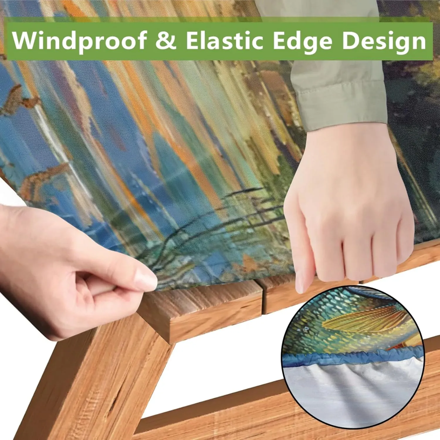 Fish Jumping Out of Lake Picnic Table Cover with Bench Covers, Fitted Camping Tablecloth with Elastic Edges, 3 Pcs Set Outdoor Waterproof Rectangle Table Cloth