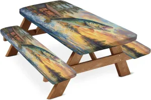 Fish Jumping Out of Lake Picnic Table Cover with Bench Covers, Fitted Camping Tablecloth with Elastic Edges, 3 Pcs Set Outdoor Waterproof Rectangle Table Cloth