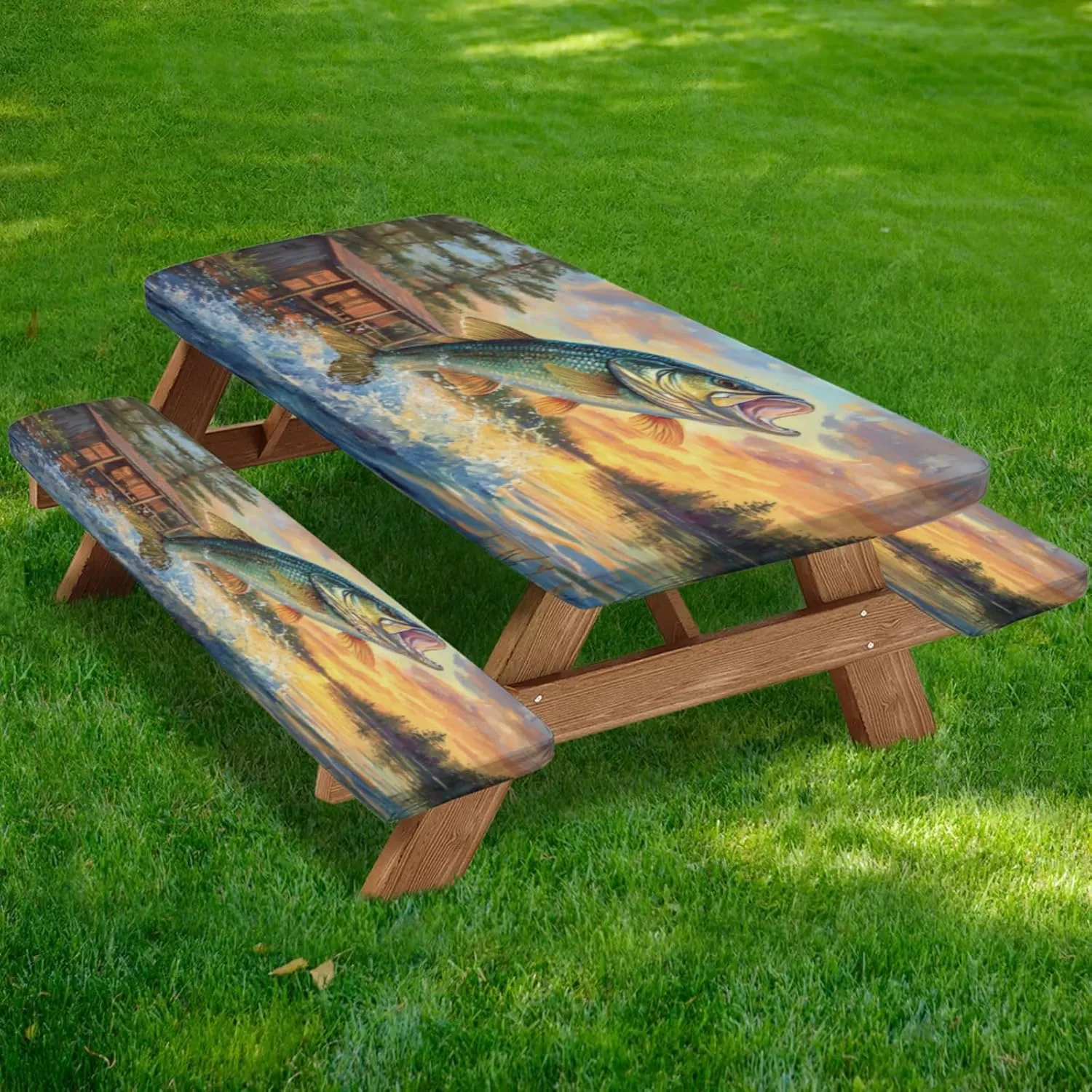 Fish Jumping Out of Lake Picnic Table Cover with Bench Covers, Fitted Camping Tablecloth with Elastic Edges, 3 Pcs Set Outdoor Waterproof Rectangle Table Cloth