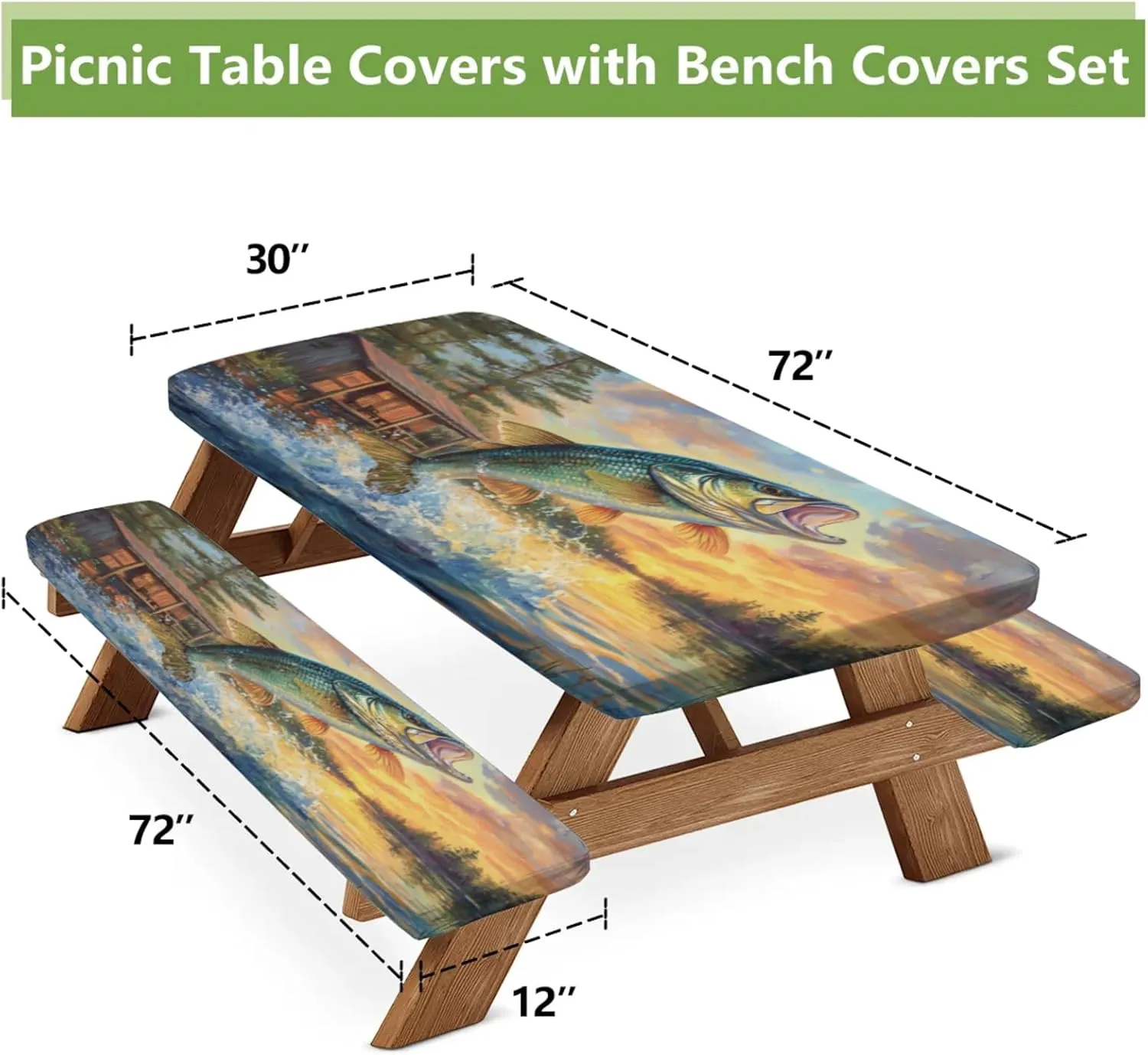 Fish Jumping Out of Lake Picnic Table Cover with Bench Covers, Fitted Camping Tablecloth with Elastic Edges, 3 Pcs Set Outdoor Waterproof Rectangle Table Cloth