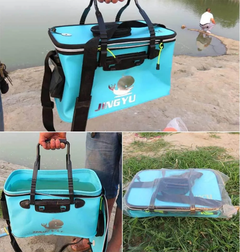 Fishing Bucket Foldable EVA Fishing Bag with Oxygen Pump Pocket Outdoor Camping Hiking Live Fish Bait Container,black-40cm