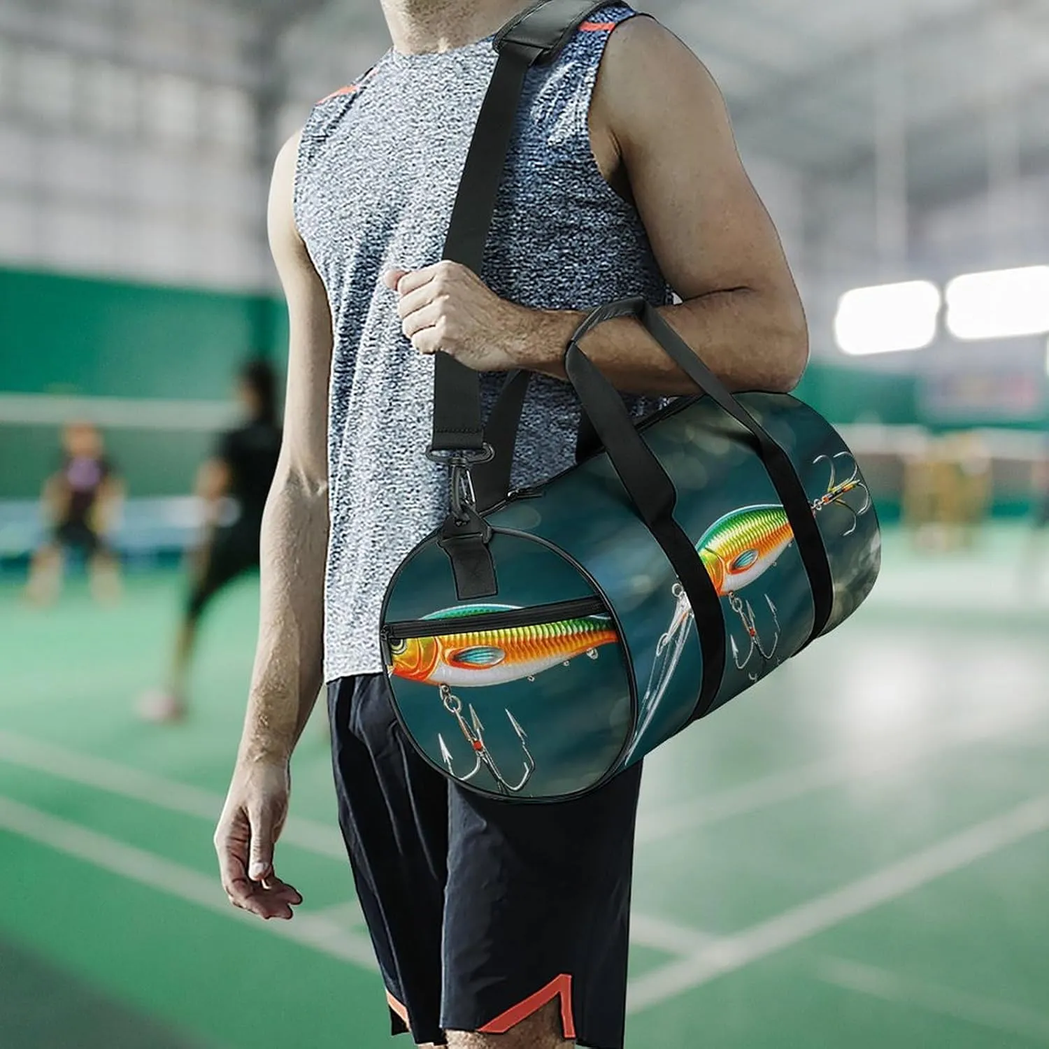 Fishing Lure Style Gym Bag Small Travel Duffle Bag with Compartment Carry On Weekender Bag for Women Men