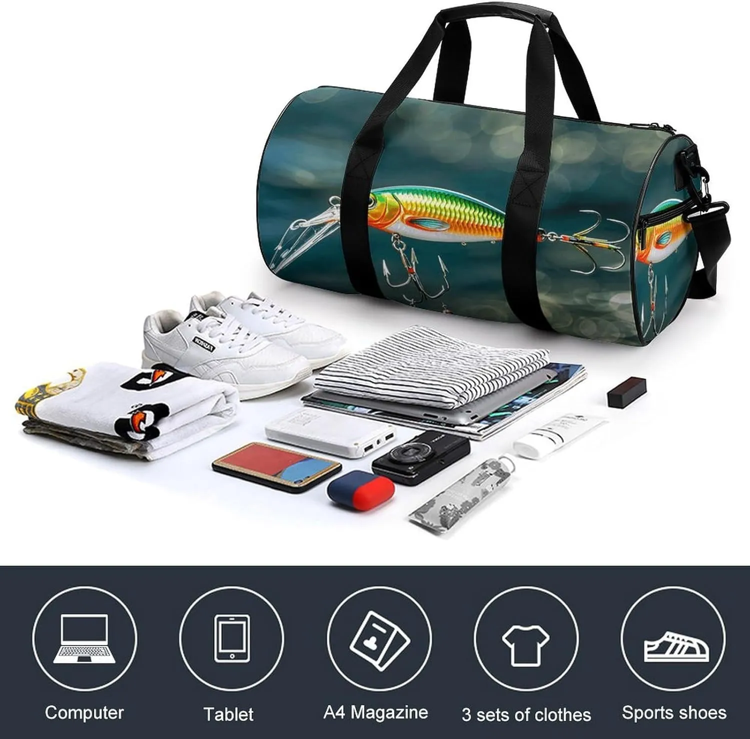 Fishing Lure Style Gym Bag Small Travel Duffle Bag with Compartment Carry On Weekender Bag for Women Men