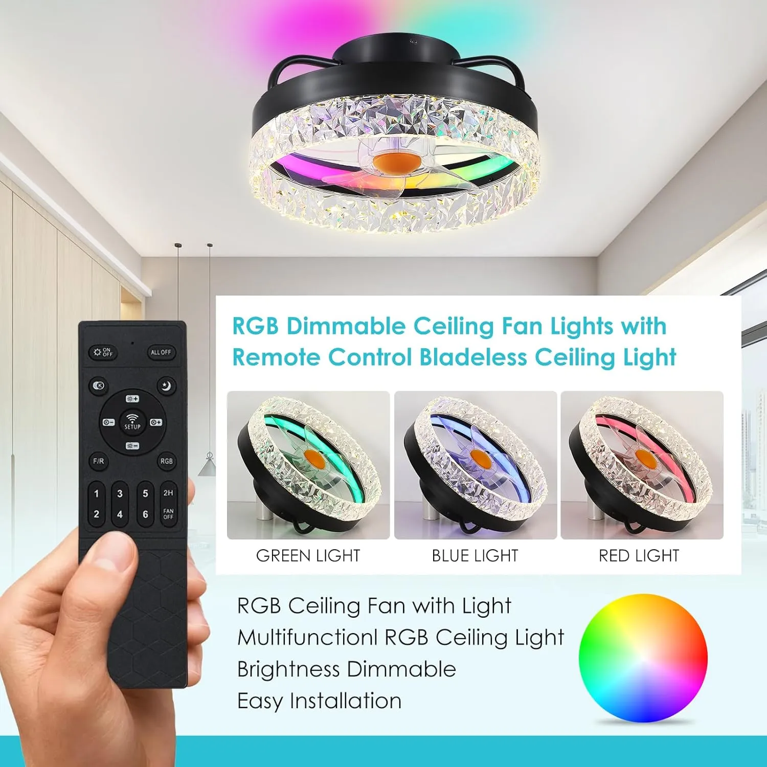 Flush Mount Ceiling Fan with Light - Small Low Profile Ceiling Fan,13" RGB Dimmable LED Bladeless Ceiling Fans, Modern Enclosed LED-RGB Ambient Light for Bedroom, Kids Room, Party