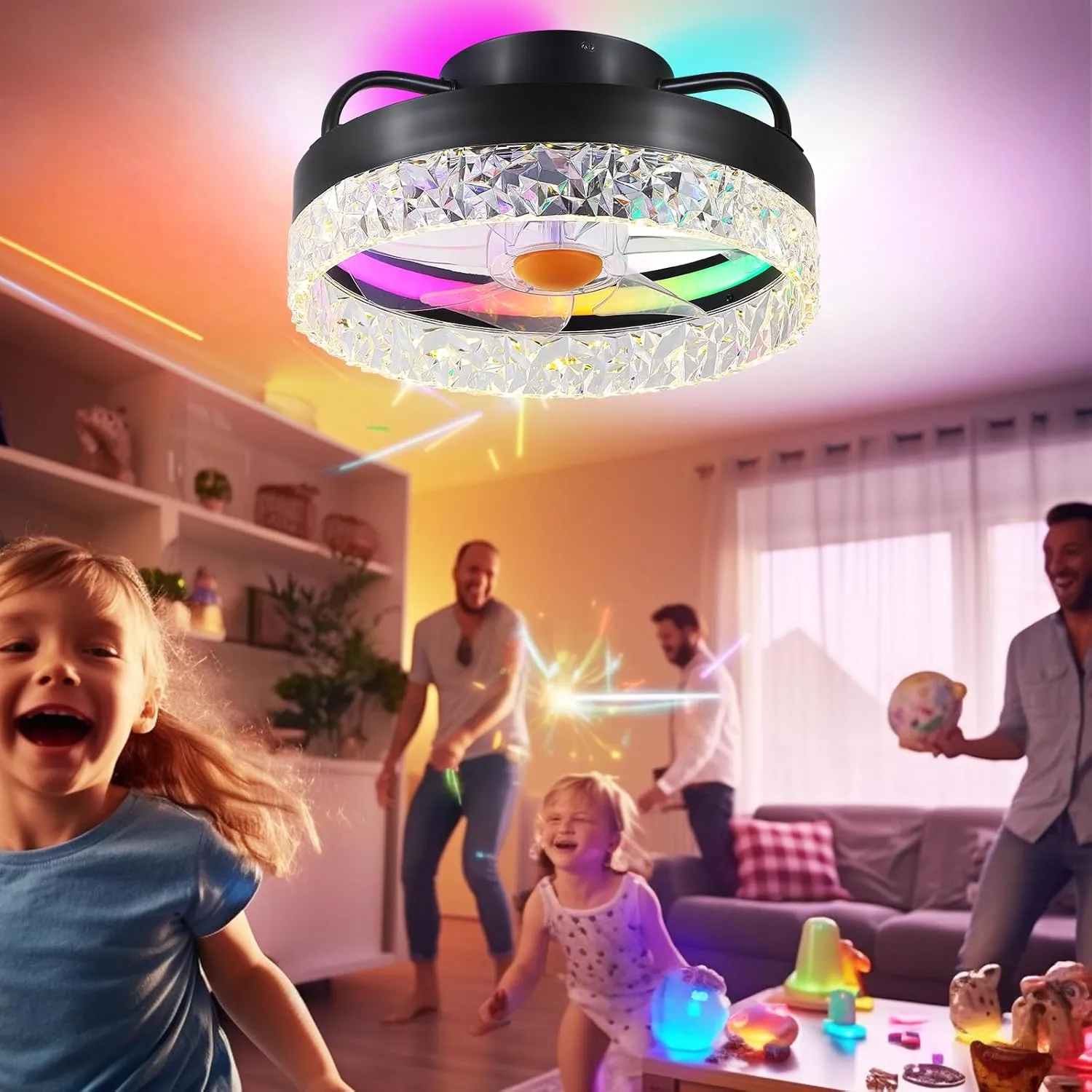 Flush Mount Ceiling Fan with Light - Small Low Profile Ceiling Fan,13" RGB Dimmable LED Bladeless Ceiling Fans, Modern Enclosed LED-RGB Ambient Light for Bedroom, Kids Room, Party