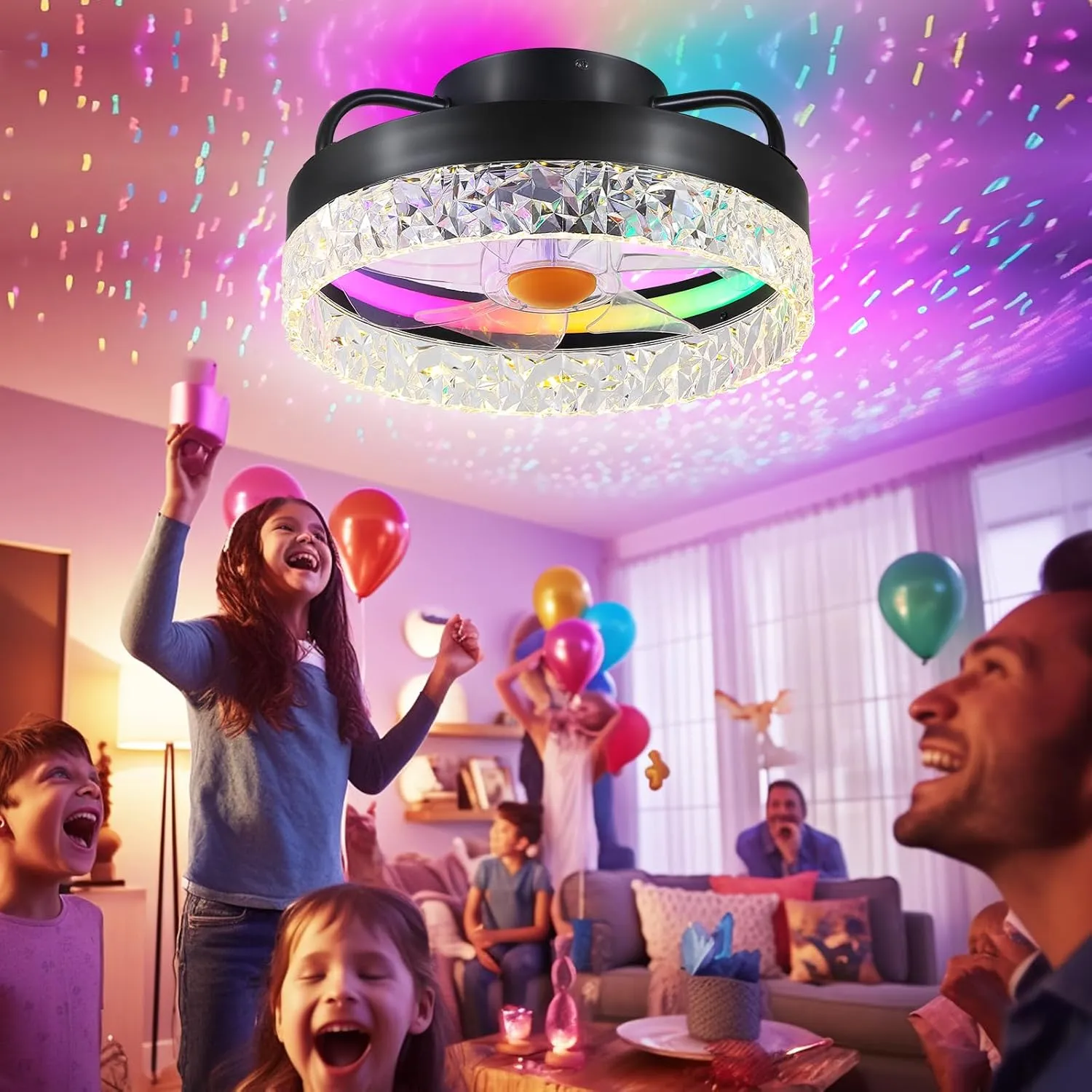 Flush Mount Ceiling Fan with Light - Small Low Profile Ceiling Fan,13" RGB Dimmable LED Bladeless Ceiling Fans, Modern Enclosed LED-RGB Ambient Light for Bedroom, Kids Room, Party