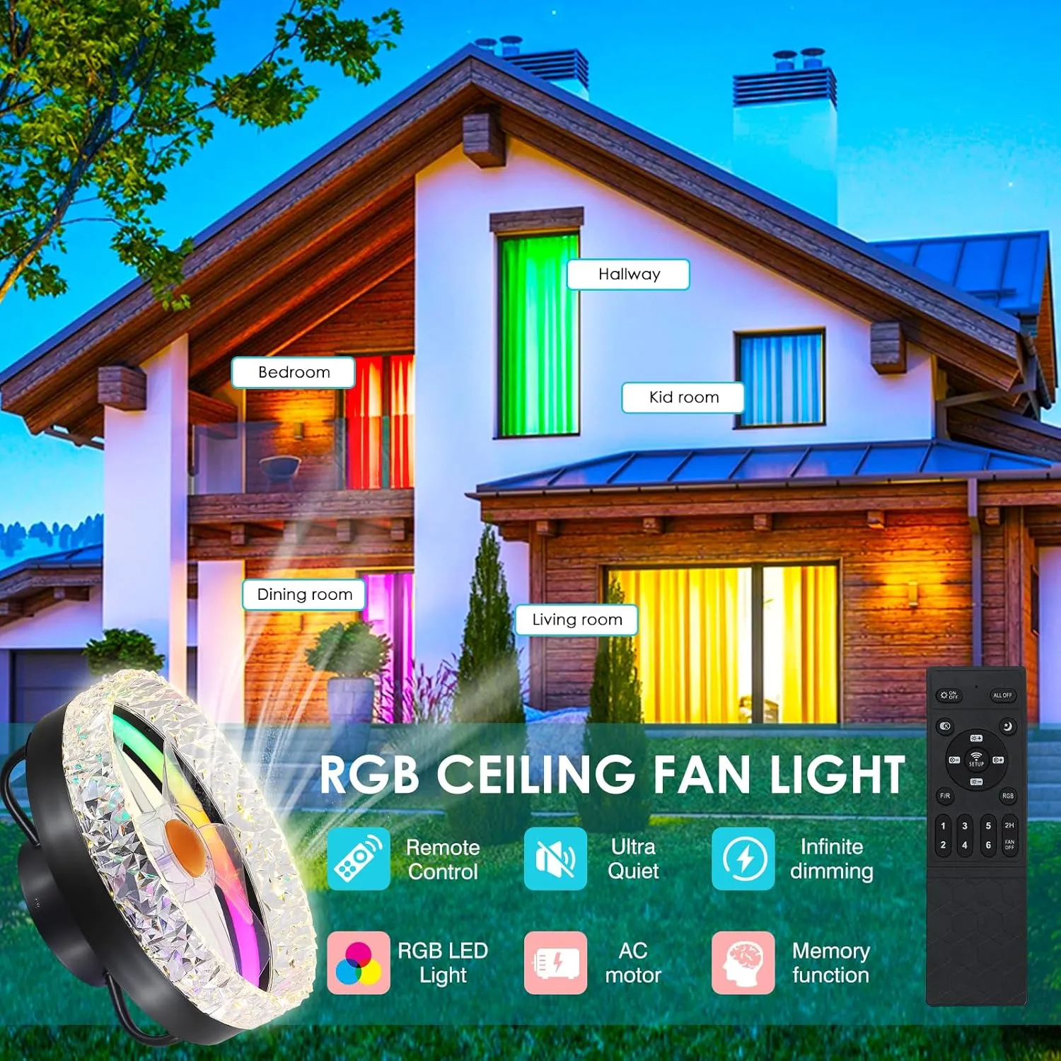Flush Mount Ceiling Fan with Light - Small Low Profile Ceiling Fan,13" RGB Dimmable LED Bladeless Ceiling Fans, Modern Enclosed LED-RGB Ambient Light for Bedroom, Kids Room, Party