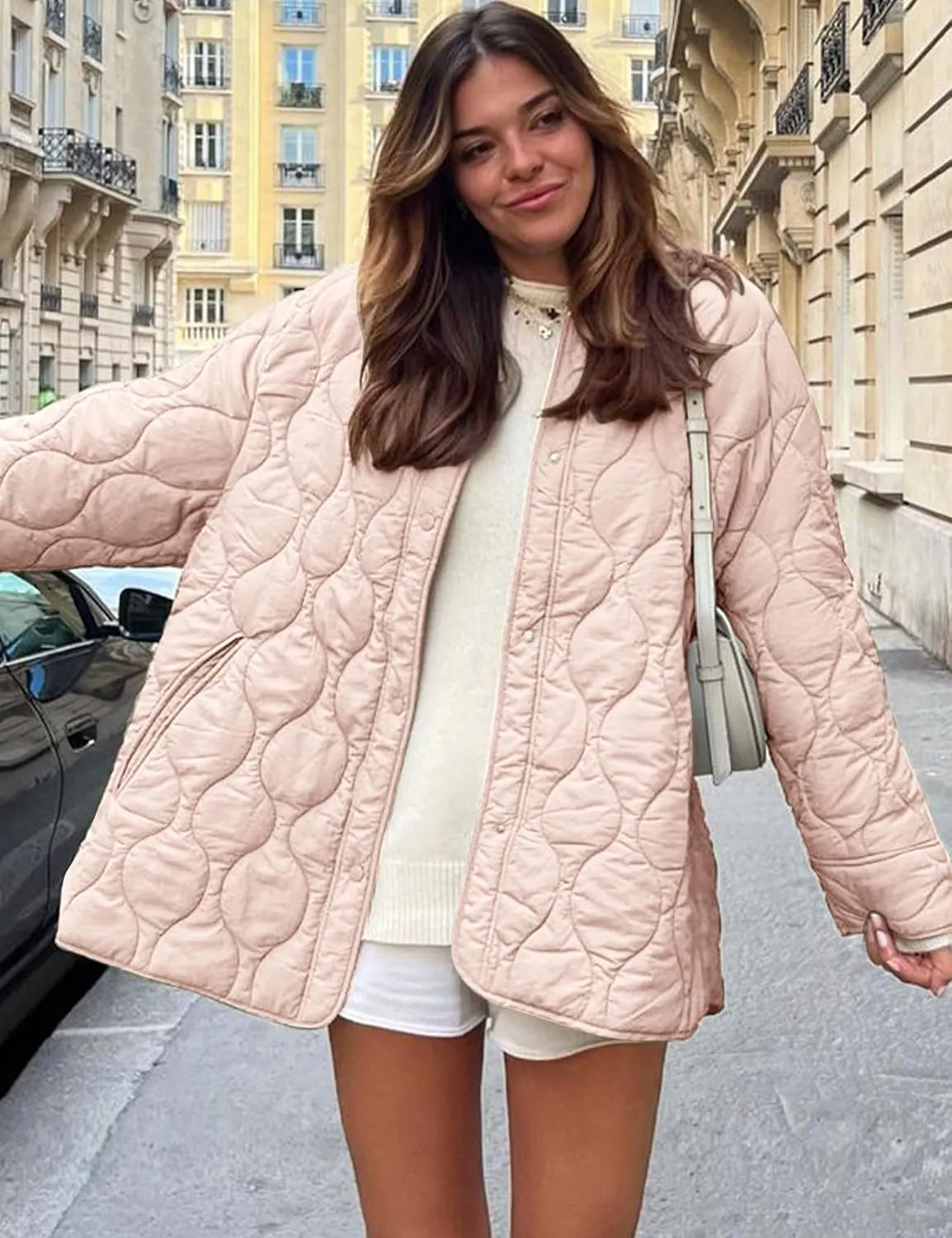 Flygo Women's Oversized Quilted Lightweight Jacket Button Down Puffer Padded Outerwear with Pocket