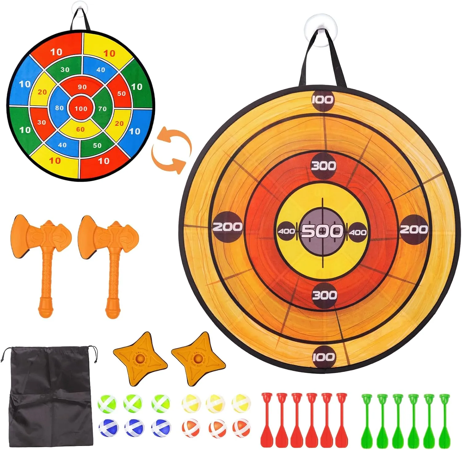 Foam Axe Throwing Game Set,26 inch Large Dart Board,Indoor Outdoor Target Game,Includes a 26 Inch Double-Sided Easy Fold Target,2 Throwing Axes&Stars,12 Sticky Balls&Darts,A Carry Bag,2 Hooks