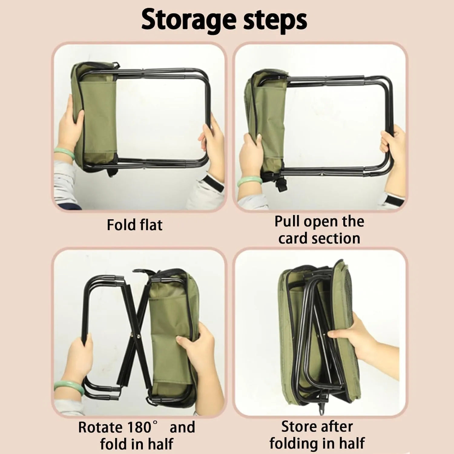 Foldable Backpack Stool, Small Foldable Fishing Chair, Portable Camping Stools & Collapsible Chair with Adjustable Strap for Camping, Fishing, Outdoor Barbecue (Khaki, Large)