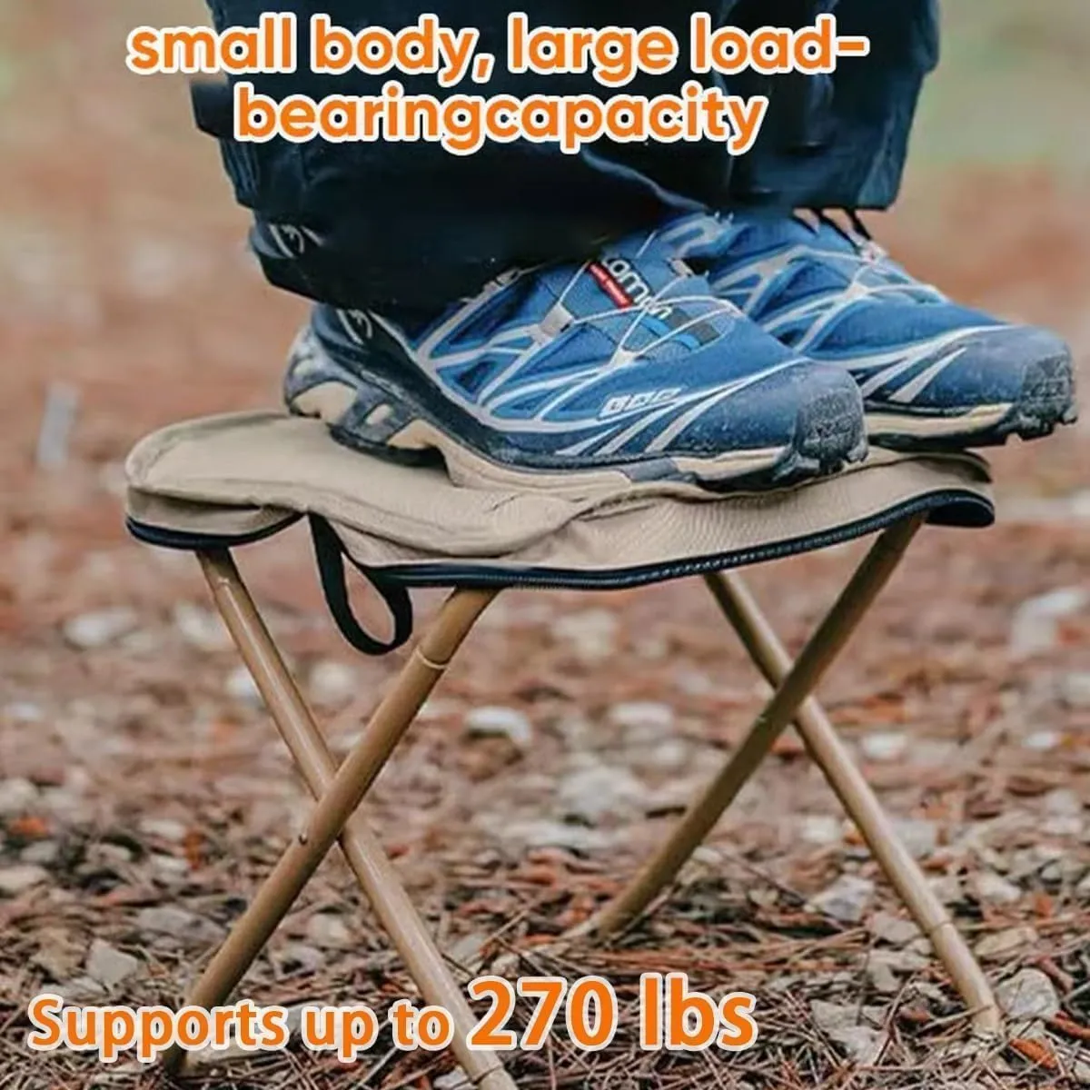 Foldable Backpack Stool, Small Foldable Fishing Chair, Portable Camping Stools & Collapsible Chair with Adjustable Strap for Camping, Fishing, Outdoor Barbecue (Khaki, Large)