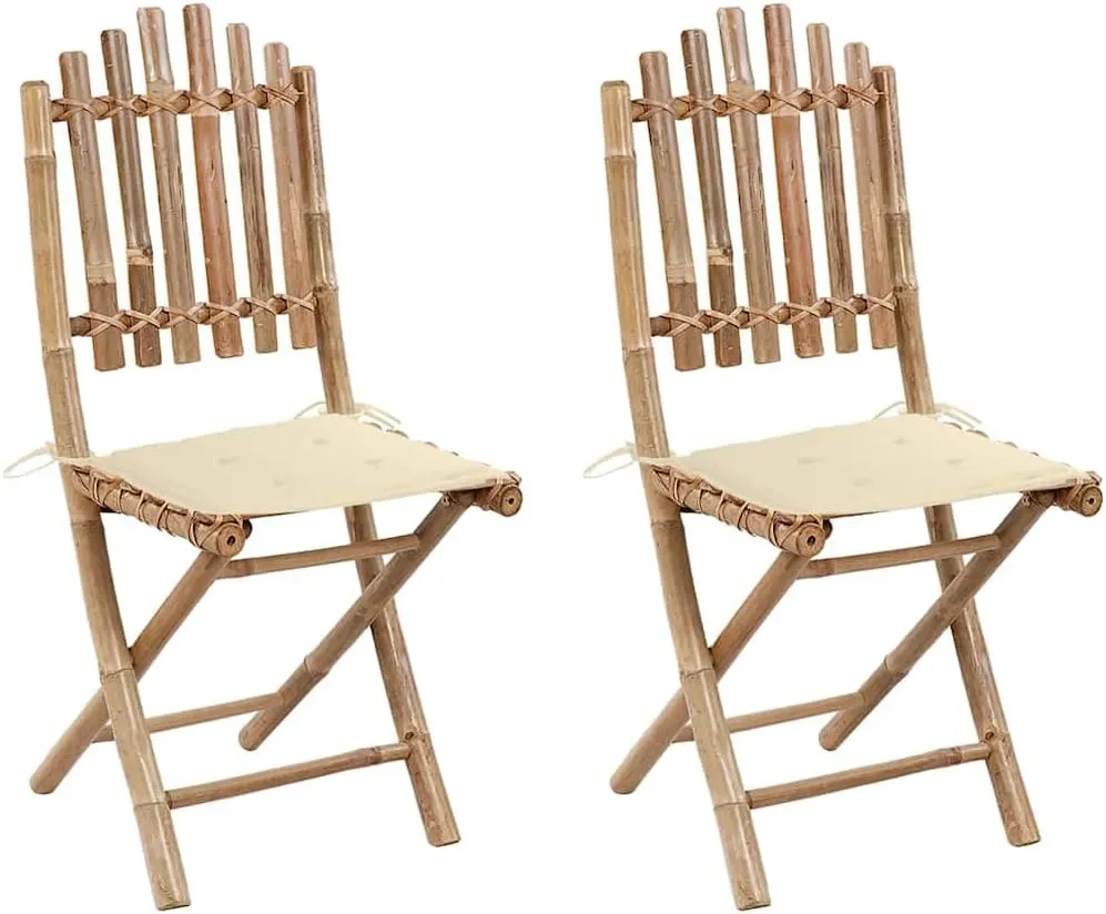Foldable Bamboo Patio Chairs 2 Pack with Cream Cushions, Outdoor Dining Chairs Weather-Resistant for Garden Poolside Camping, Space-Saving Foldable Patio Furniture Set
