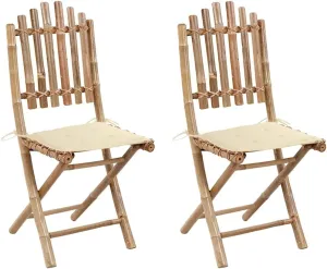 Foldable Bamboo Patio Chairs 2 Pack with Cream Cushions, Outdoor Dining Chairs Weather-Resistant for Garden Poolside Camping, Space-Saving Foldable Patio Furniture Set