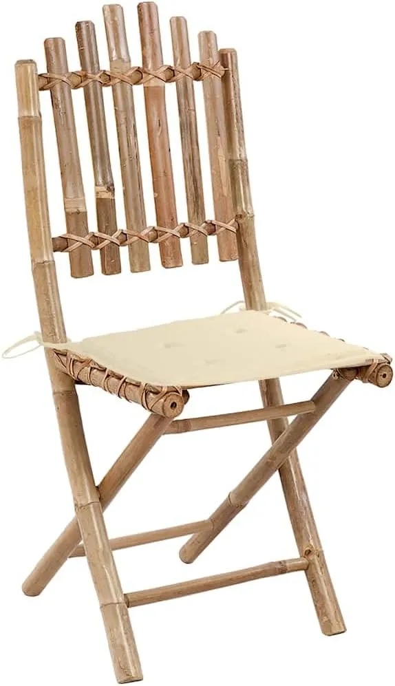 Foldable Bamboo Patio Chairs 2 Pack with Cream Cushions, Outdoor Dining Chairs Weather-Resistant for Garden Poolside Camping, Space-Saving Foldable Patio Furniture Set