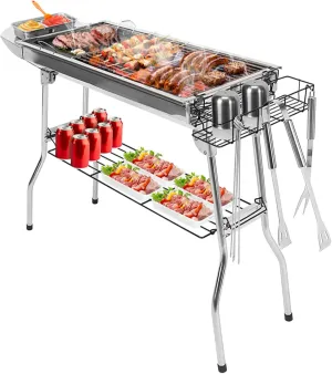 Foldable Barbecue Charcoal BBQ Grill, Folding BBQ Grill, Portable Stainless Steel Barbeque Grill For Picnic Camping Backyard Cooking, Foldable Grill Table with Non-Stick Frying Pan, Silver