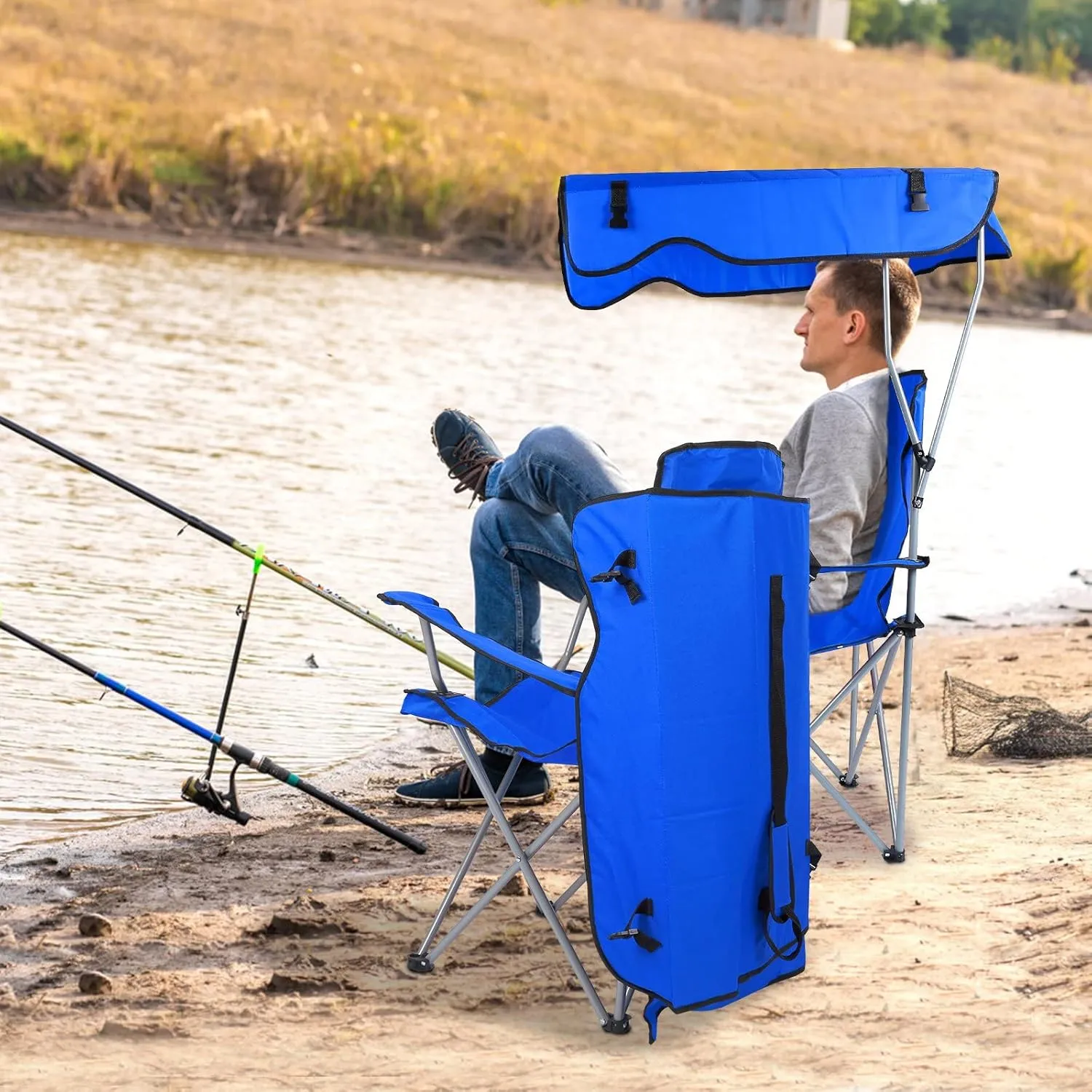 Foldable Beach Canopy Chair, Camp Chairs with Shade, Heavy Duty Sun Protection Camping Lawn Canopy Chair with Cup Holder,for Outdoor Beach Camp Park Patio(Blue)