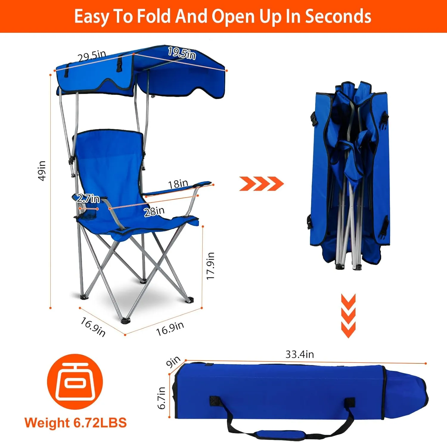 Foldable Beach Canopy Chair, Camp Chairs with Shade, Heavy Duty Sun Protection Camping Lawn Canopy Chair with Cup Holder,for Outdoor Beach Camp Park Patio(Blue)