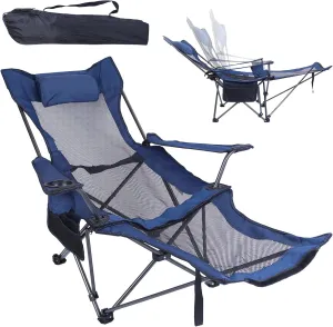 Foldable Camping Chair Reclining Camping Chair Heavy Duty Steel Lawn Chair Collapsible Chair with Reclining Backrest Angle Cup Holder Pillow Side Pocket Carry Bag for Outdoor Fishing/Blue