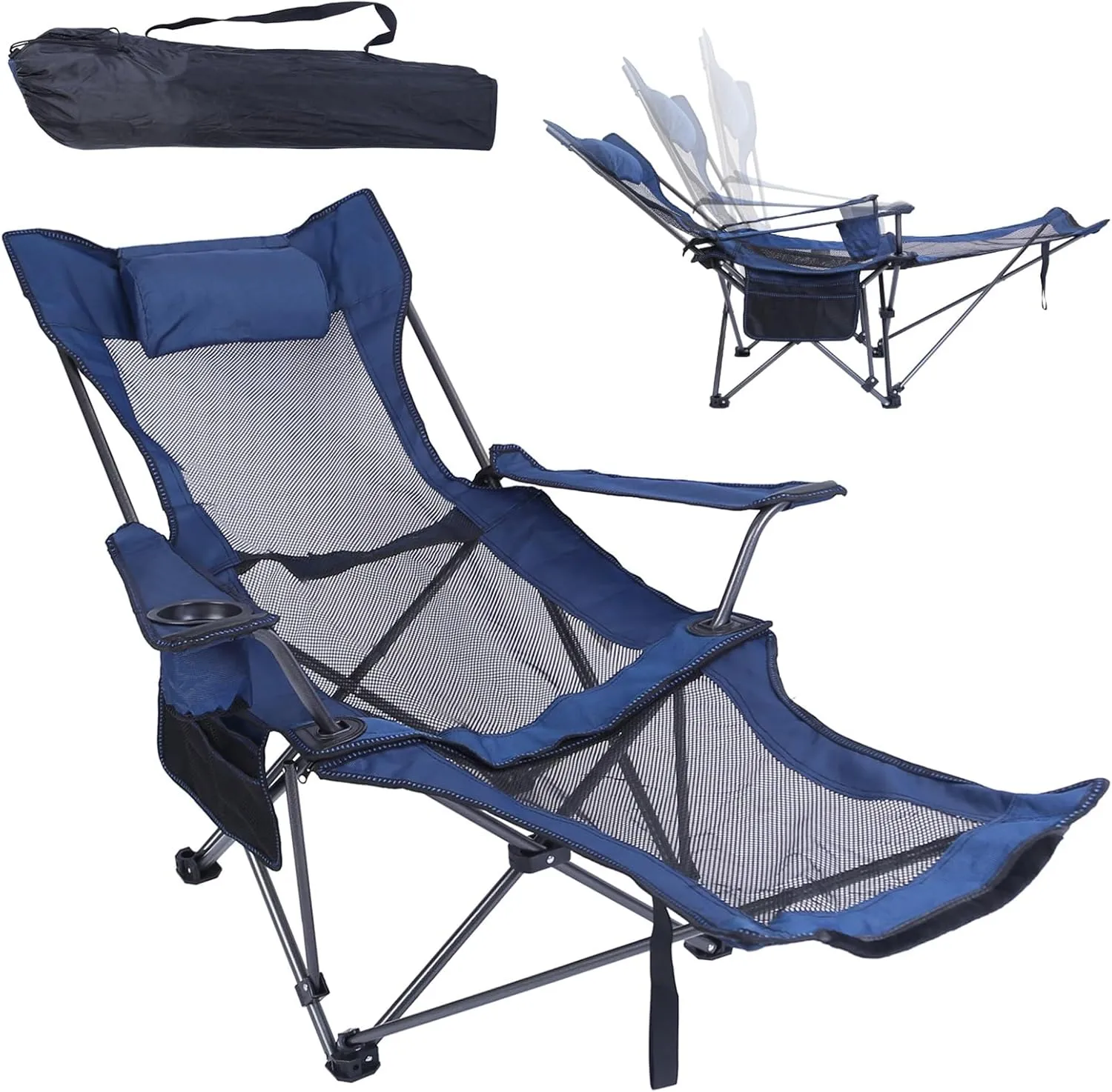 Foldable Camping Chair Reclining Camping Chair Heavy Duty Steel Lawn Chair Collapsible Chair with Reclining Backrest Angle Cup Holder Pillow Side Pocket Carry Bag for Outdoor Fishing/Blue