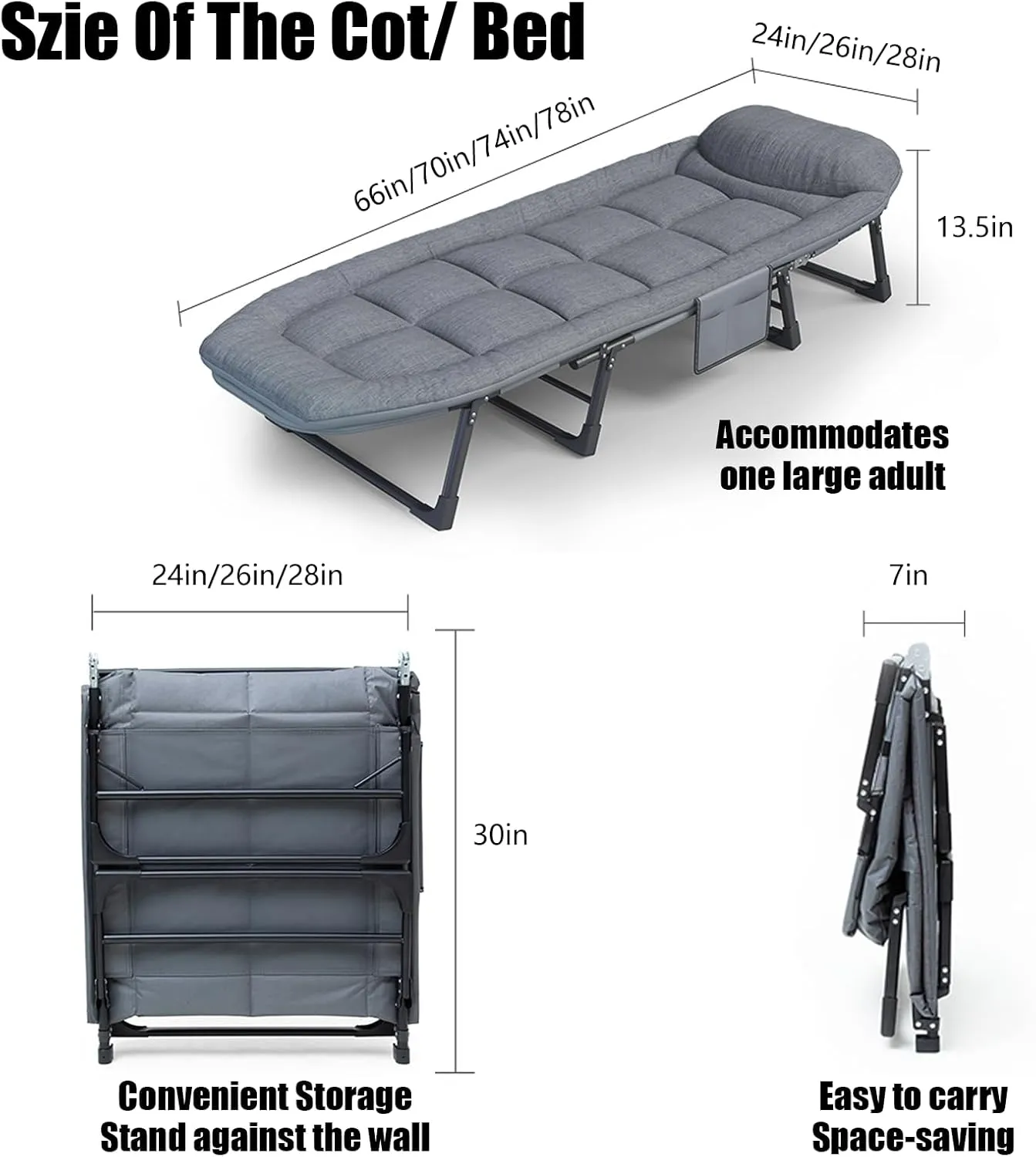 Foldable Camping Cot for Adults, 6 Adjustable Positions Sleeping Cots, Portable Folding Bed with Pillow, Heavy Duty Cot Bed for Camp, Travel, Room, Office (Grey, Extra Large-78 in)