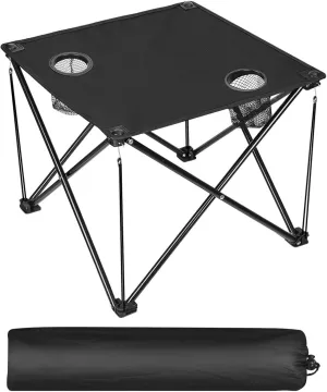 Foldable Camping Table Portable Picnic Table, 600D Oxford Lightweight Folding Tables with 2 Cup Holders, Square Travel Desk for BBQ Outdoor Fishing Beach Picnic, Black