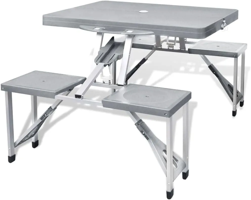 Foldable Camping Table Set with 4 Stools Aluminum Extra Light Gray-125