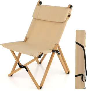 Foldable Chair,Folding Camping Chair, Portable High Back Bamboo Garden Chairs with 2-Level Adjustable Backrest and Carrying Bag, Outdoor Canvas Lawn Chair for Patio Picnic Beach