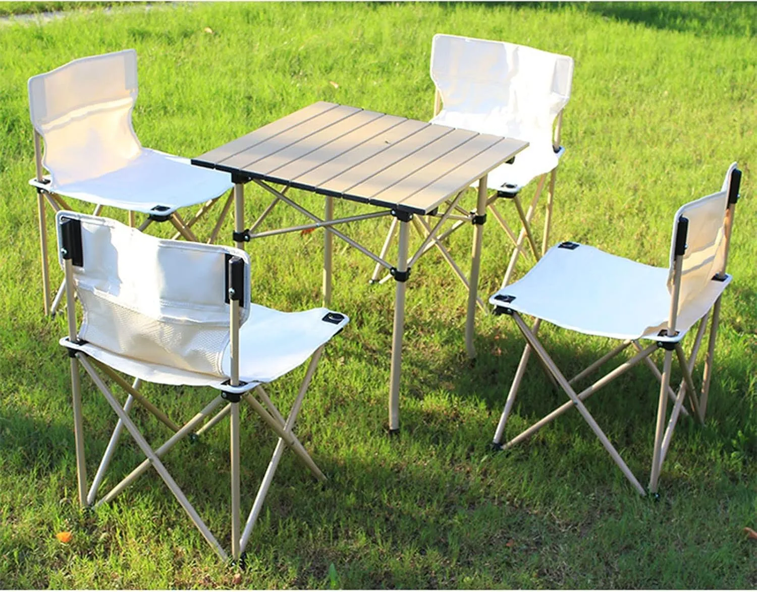 Foldable Portable Camping Table and Chairs Full Set Weighs Only 16.5 Ibs Includes 1 Folding Picnic Table and 4 Camping Lounge Armchairs Holds up to 260 lbs (Color : Beige)