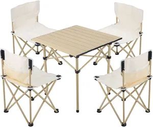 Foldable Portable Camping Table and Chairs Full Set Weighs Only 16.5 Ibs Includes 1 Folding Picnic Table and 4 Camping Lounge Armchairs Holds up to 260 lbs (Color : Beige)