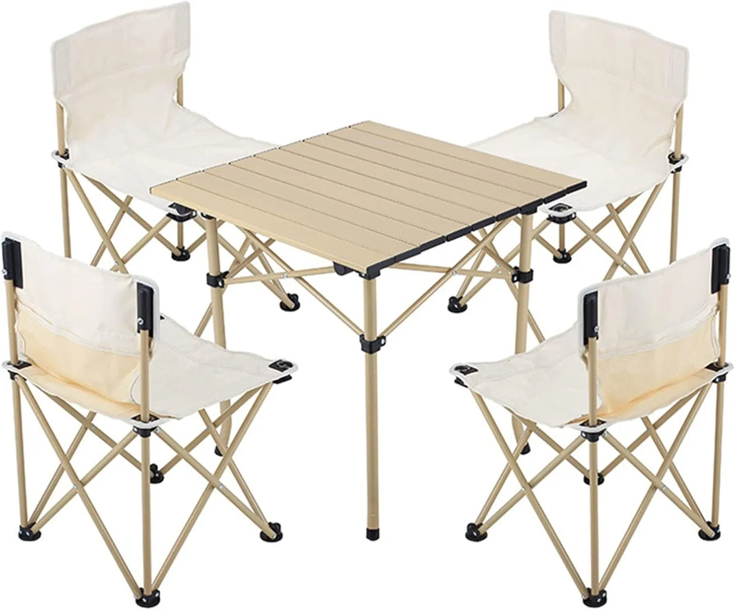 Foldable Portable Camping Table and Chairs Full Set Weighs Only 16.5 Ibs Includes 1 Folding Picnic Table and 4 Camping Lounge Armchairs Holds up to 260 lbs (Color : Beige)