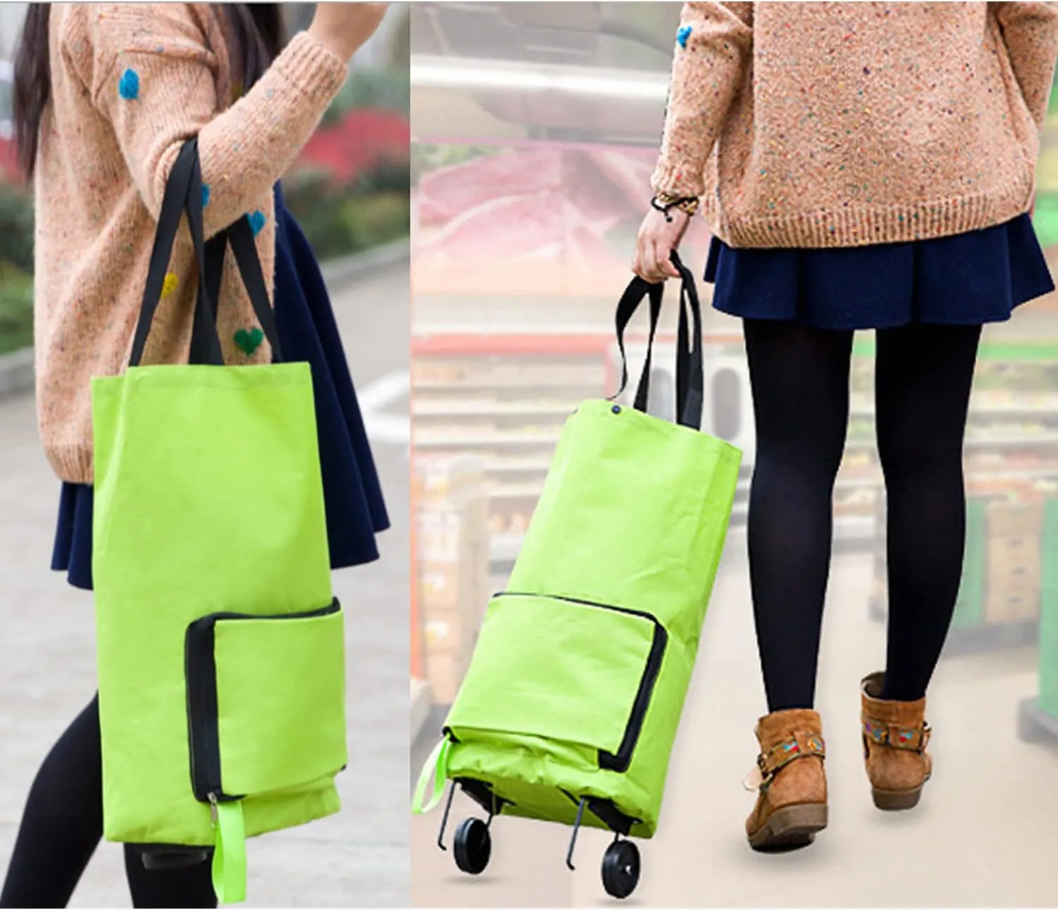 Foldable Shopping Cart Folding Shopping Bag Portable Hand-held Collapsible Sundries Bag Wheeled Folding Shopping Cart with Wheels Green