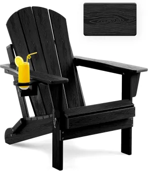 Folding Adirondack Chair Wood Texture, Patio Chairs Weather Resistant, Outdoor Chair, Lawn Chair with Cup Holder, Fire Pit Chair for Deck, Outdoor, Porch, Backyard, Garden (Black)
