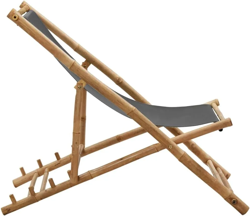 Folding Bamboo Deck Chair with Canvas Seat Dark Gray - Adjustable 4-Position Outdoor Lounge Chair for Beach Camping Patio Backyard Relaxation