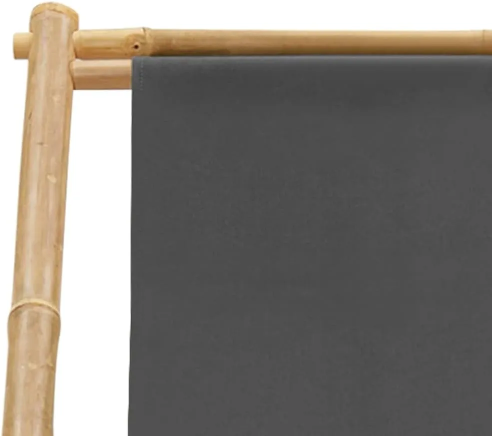 Folding Bamboo Deck Chair with Canvas Seat Dark Gray - Adjustable 4-Position Outdoor Lounge Chair for Beach Camping Patio Backyard Relaxation