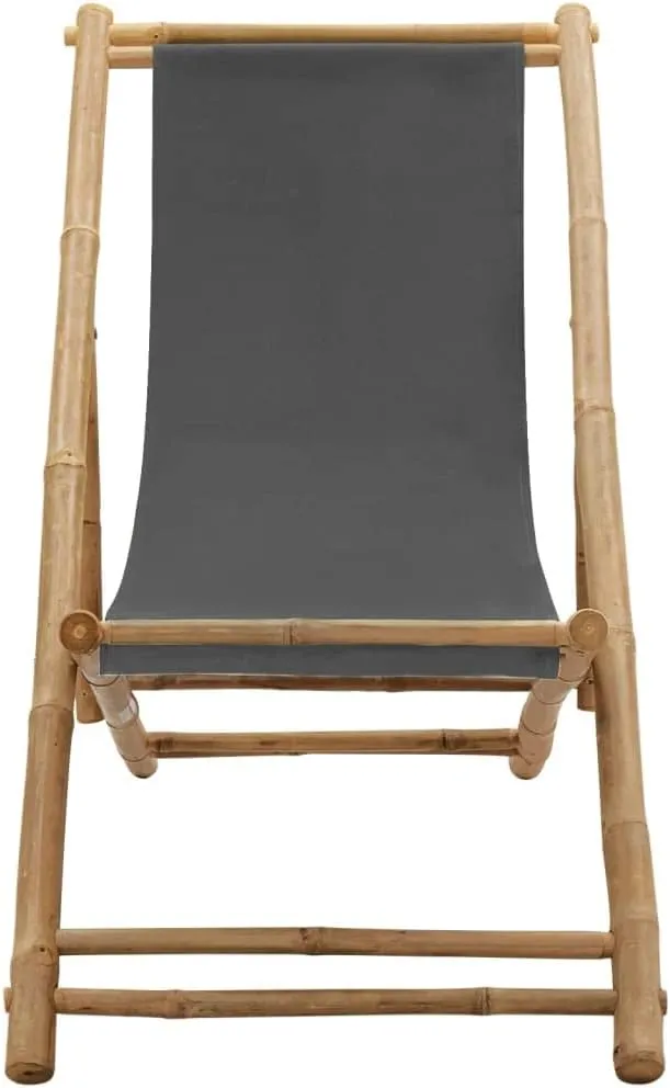 Folding Bamboo Deck Chair with Canvas Seat Dark Gray - Adjustable 4-Position Outdoor Lounge Chair for Beach Camping Patio Backyard Relaxation
