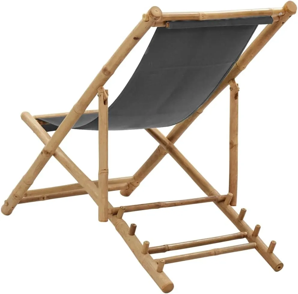 Folding Bamboo Deck Chair with Canvas Seat Dark Gray - Adjustable 4-Position Outdoor Lounge Chair for Beach Camping Patio Backyard Relaxation