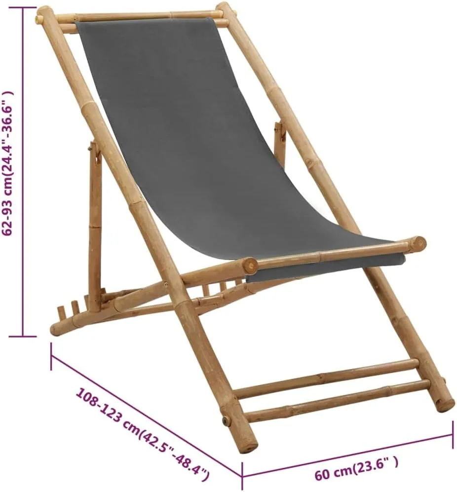 Folding Bamboo Deck Chair with Canvas Seat Dark Gray - Adjustable 4-Position Outdoor Lounge Chair for Beach Camping Patio Backyard Relaxation