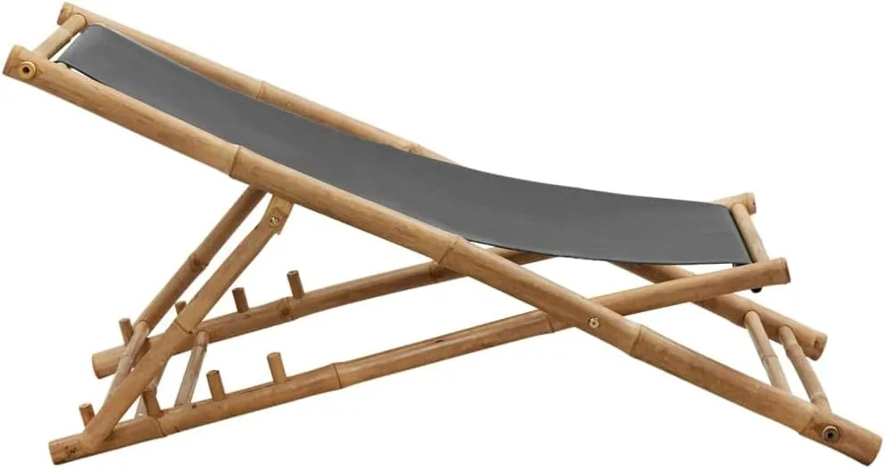 Folding Bamboo Deck Chair with Canvas Seat Dark Gray - Adjustable 4-Position Outdoor Lounge Chair for Beach Camping Patio Backyard Relaxation