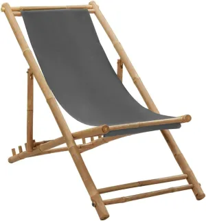 Folding Bamboo Deck Chair with Canvas Seat Dark Gray - Adjustable 4-Position Outdoor Lounge Chair for Beach Camping Patio Backyard Relaxation