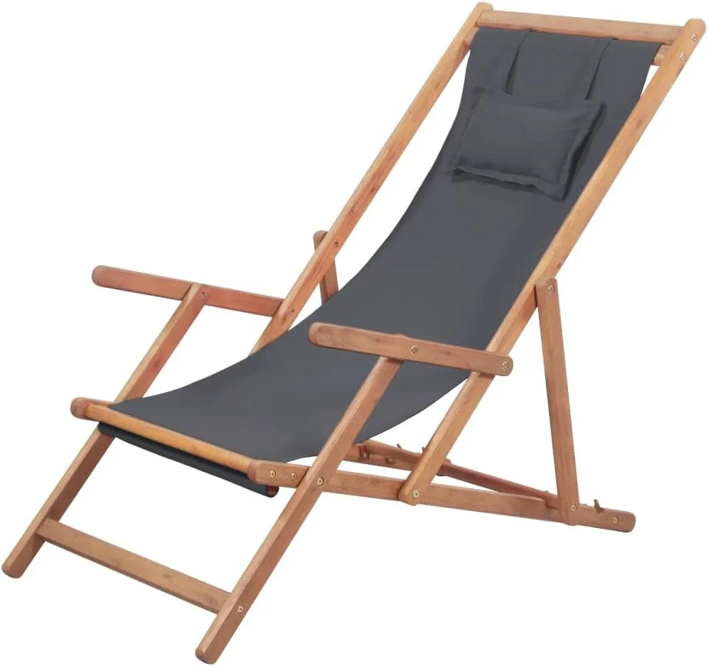 Folding Beach Chair Fabric and Wooden Frame Gray Garden Chair