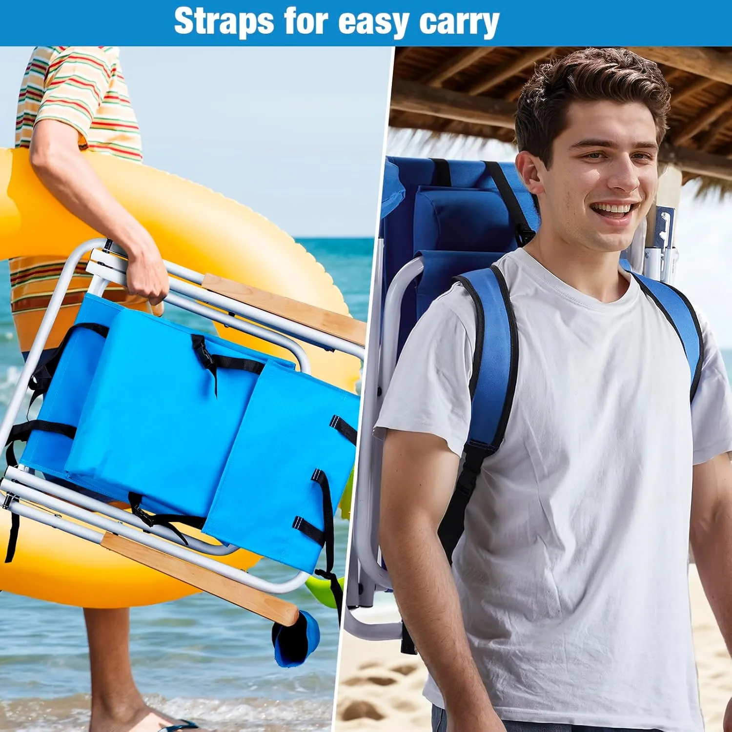 Folding Beach Chair, Portable Backpack Chair with 350lb Capacity, Camping Chair with 4 Position Reclining for Beach, Pool, Patio, Outdoor Concert Travel(Blue-2 Pack)