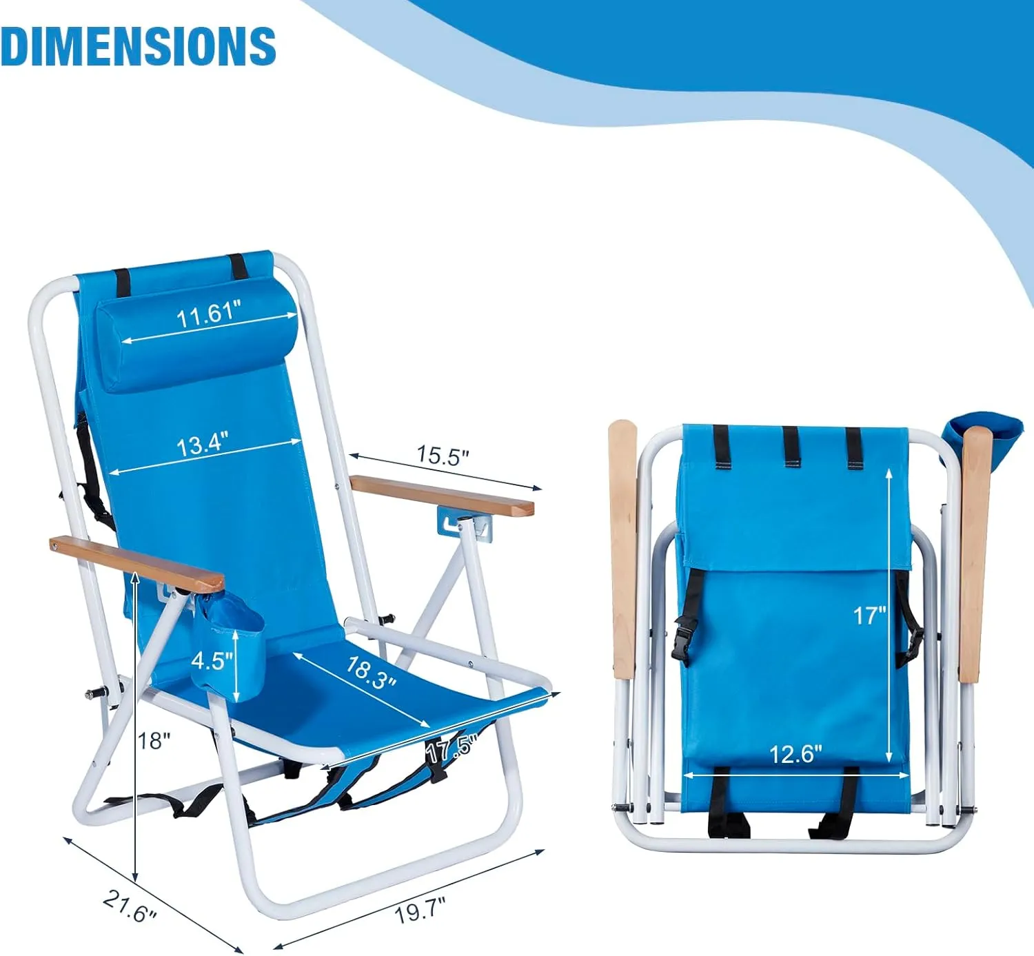 Folding Beach Chair, Portable Backpack Chair with 350lb Capacity, Camping Chair with 4 Position Reclining for Beach, Pool, Patio, Outdoor Concert Travel(Blue-2 Pack)