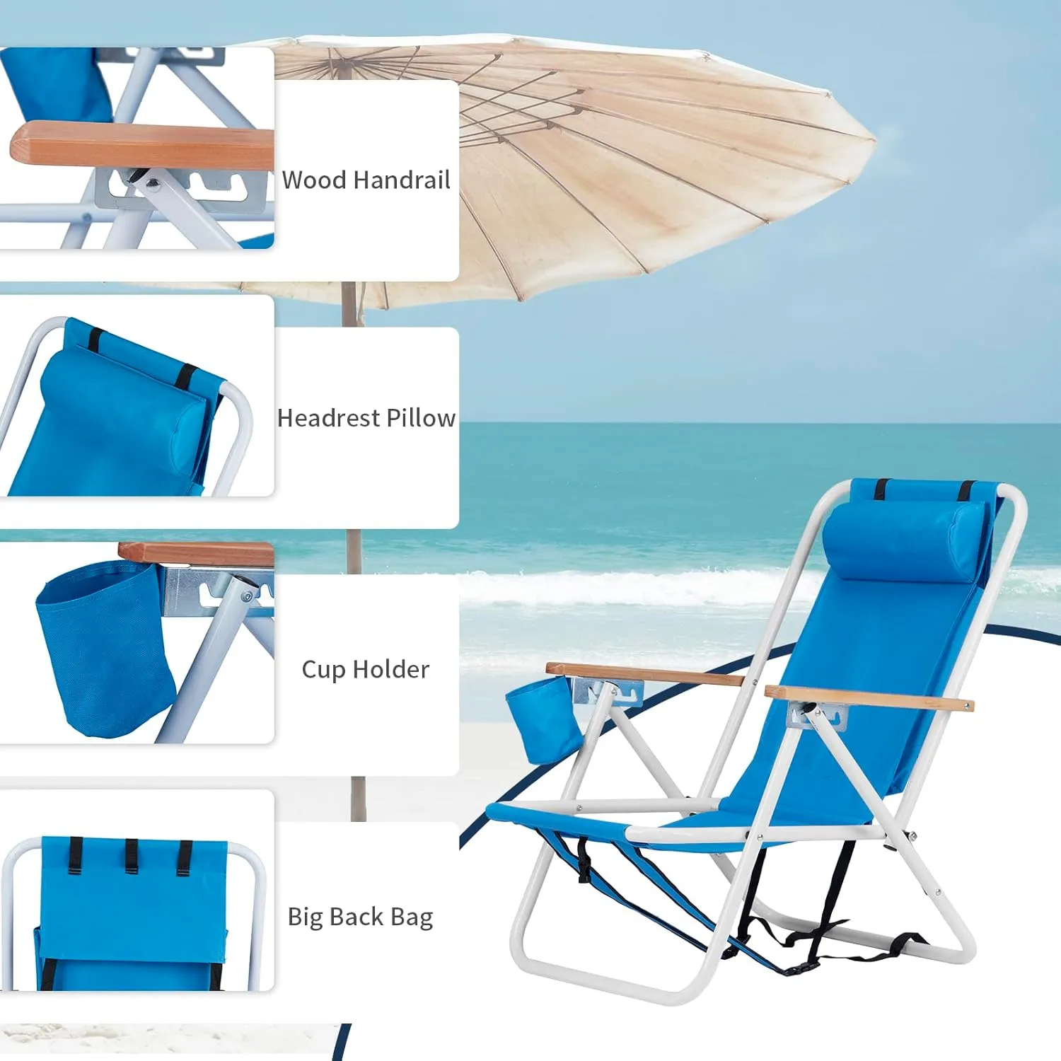 Folding Beach Chair, Portable Backpack Chair with 350lb Capacity, Camping Chair with 4 Position Reclining for Beach, Pool, Patio, Outdoor Concert Travel(Blue-2 Pack)