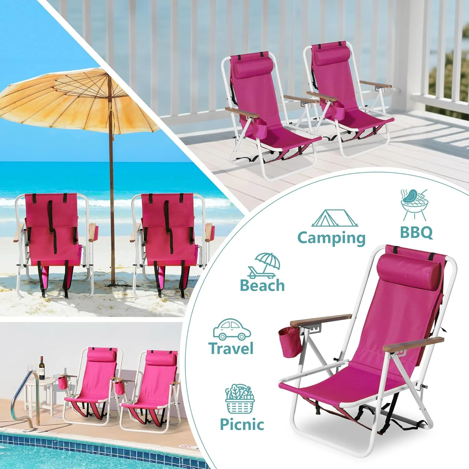 Folding Beach Chair, Portable Backpack Chair with 350lb Capacity, Camping Chair with 4 Position Reclining for Beach, Pool, Patio, Outdoor Concert Travel(Pink-2 Pack)