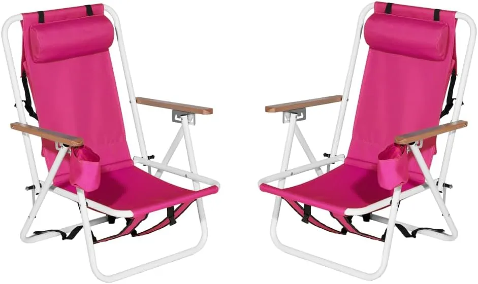 Folding Beach Chair, Portable Backpack Chair with 350lb Capacity, Camping Chair with 4 Position Reclining for Beach, Pool, Patio, Outdoor Concert Travel(Pink-2 Pack)
