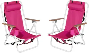Folding Beach Chair, Portable Backpack Chair with 350lb Capacity, Camping Chair with 4 Position Reclining for Beach, Pool, Patio, Outdoor Concert Travel(Pink-2 Pack)