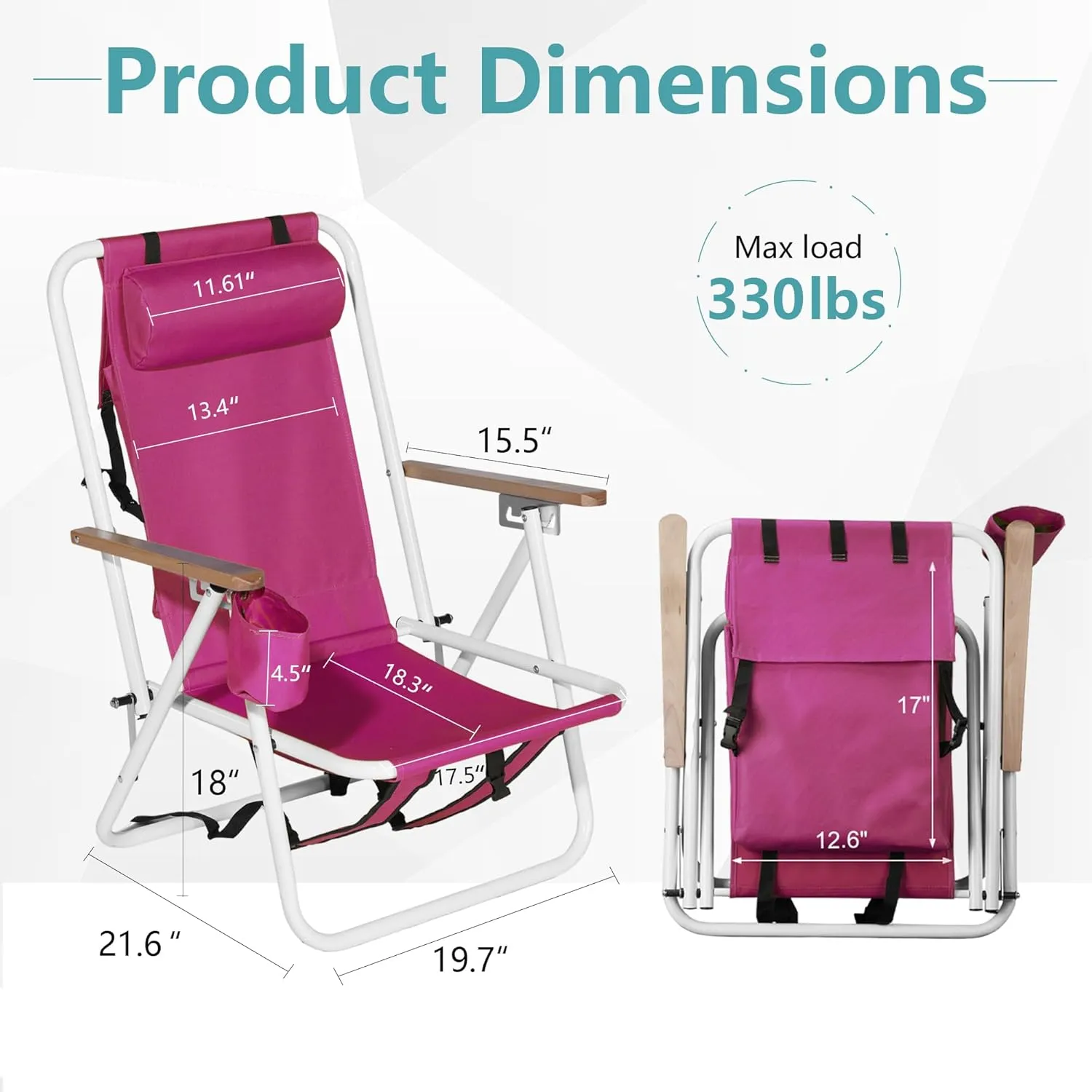 Folding Beach Chair, Portable Backpack Chair with 350lb Capacity, Camping Chair with 4 Position Reclining for Beach, Pool, Patio, Outdoor Concert Travel(Pink-2 Pack)
