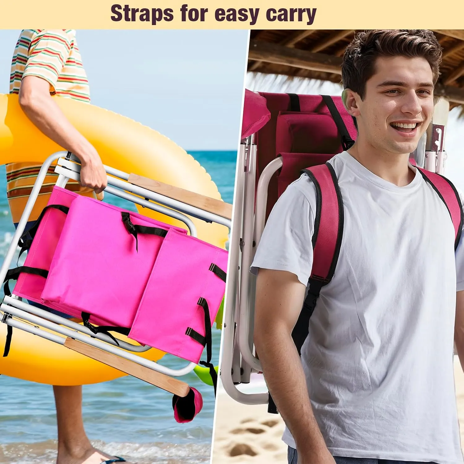 Folding Beach Chair, Portable Backpack Chair with 350lb Capacity, Camping Chair with 4 Position Reclining for Beach, Pool, Patio, Outdoor Concert Travel(Pink-2 Pack)